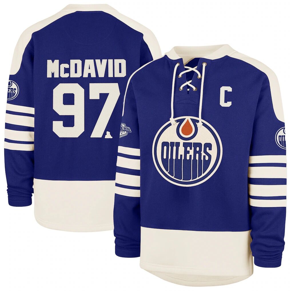 Connor McDavid Edmonton Oilers ’47 Player Name & Number Sweep Check Eternal Lacer Sweatshirt – Royal