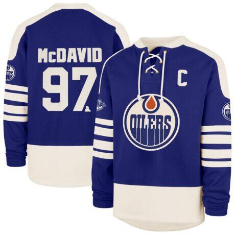 Connor McDavid Edmonton Oilers '47 Player Name & Number Sweep Check Eternal Lacer Sweatshirt - - Front View
