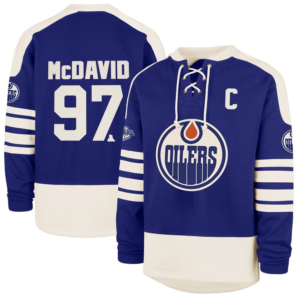Connor McDavid Edmonton Oilers ’47 Player Name & Number Sweep Check Eternal Lacer Sweatshirt – Royal