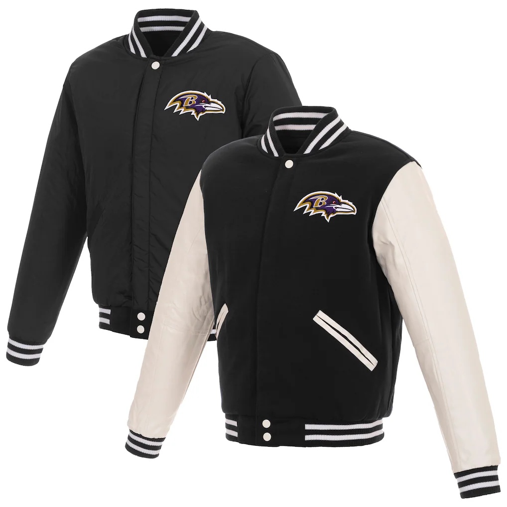 Baltimore Ravens JH Design Reversible Fleece Full-Snap Jacket with Faux Leather Sleeves – Black/White