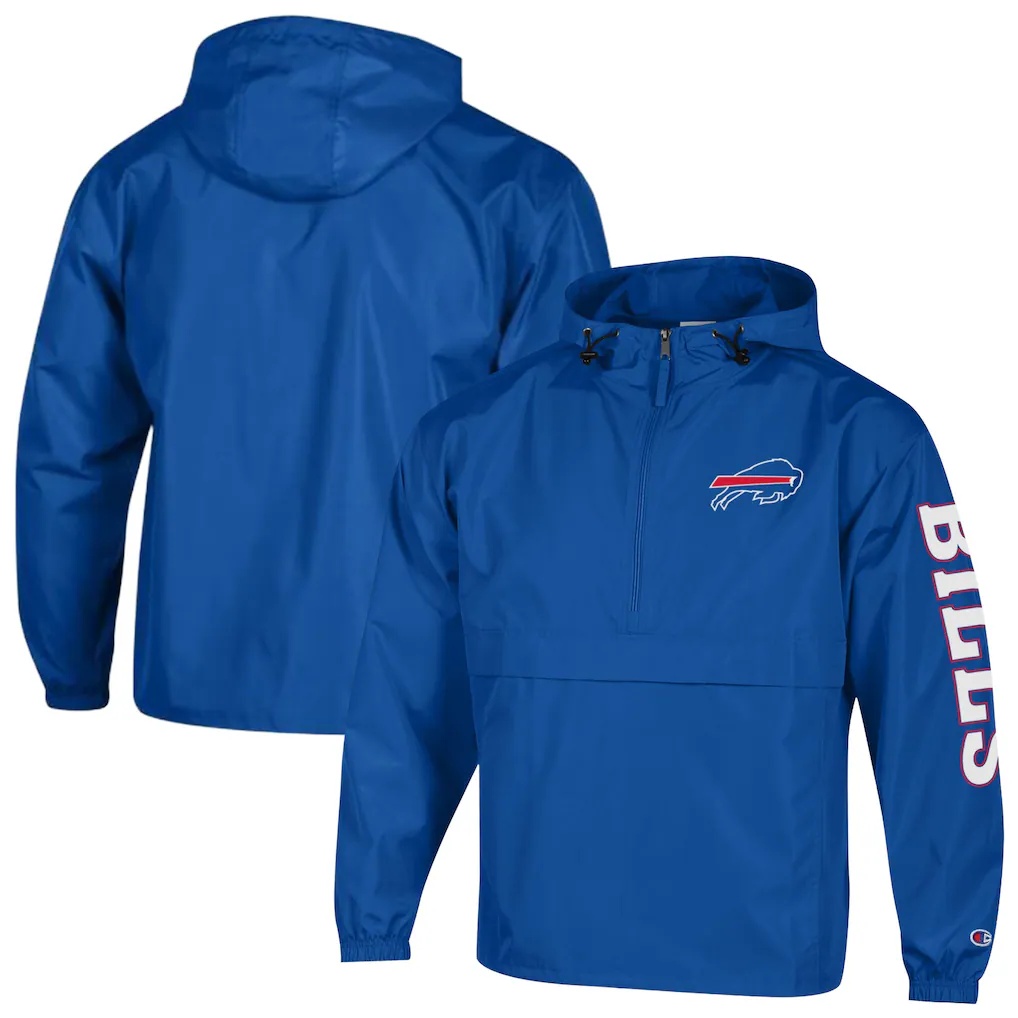 Buffalo Bills Champion Packable Hooded Windbreaker Half-Zip Jacket – Royal