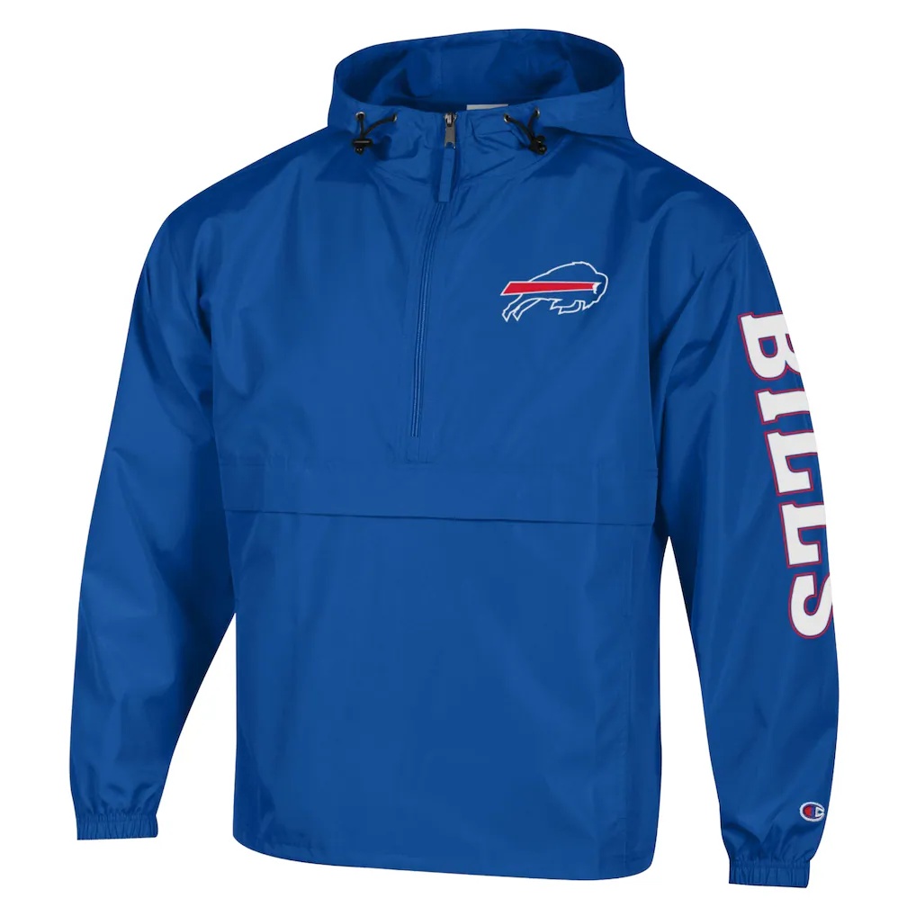 Buffalo Bills Champion Packable Hooded Windbreaker Half-Zip Jacket – Royal