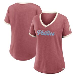 Philadelphia Phillies Fanatics Women's Relaxed Fit Vintage Play​ Slub V-Neck Fashion Top - Burgundy