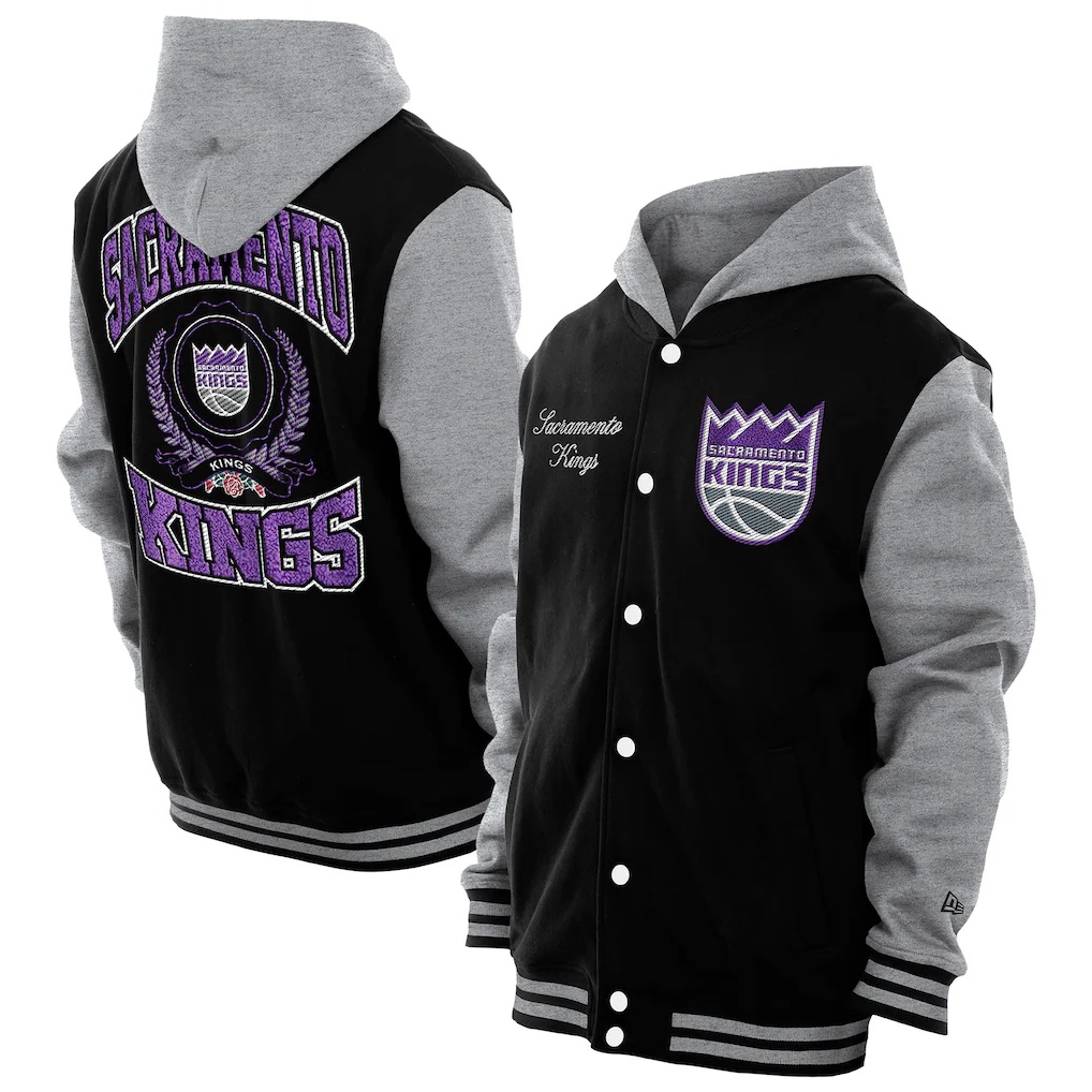 Sacramento Kings New Era Throwback Prep Chenille Full-Snap Hooded Varsity Jacket