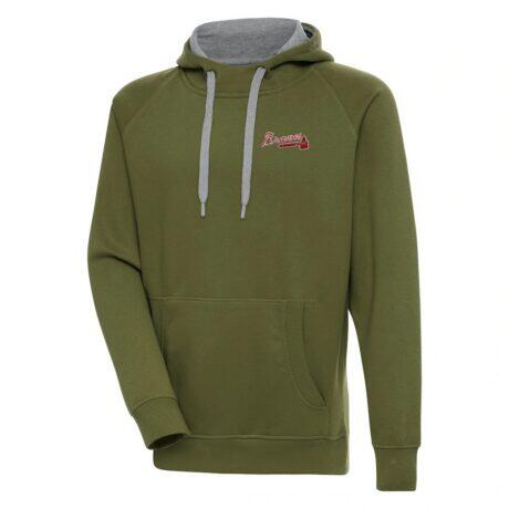 Atlanta Braves Antigua Victory Pullover Hoodie - Olive - Front View