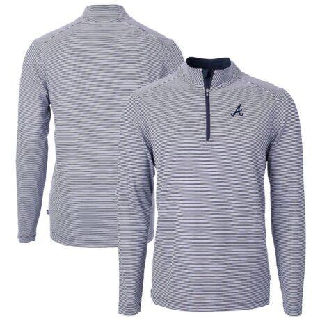 Atlanta Braves Cutter & Buck Virtue Eco Pique Micro Stripe Recycled Quarter-Zip Pullover Top - Navy - Front View