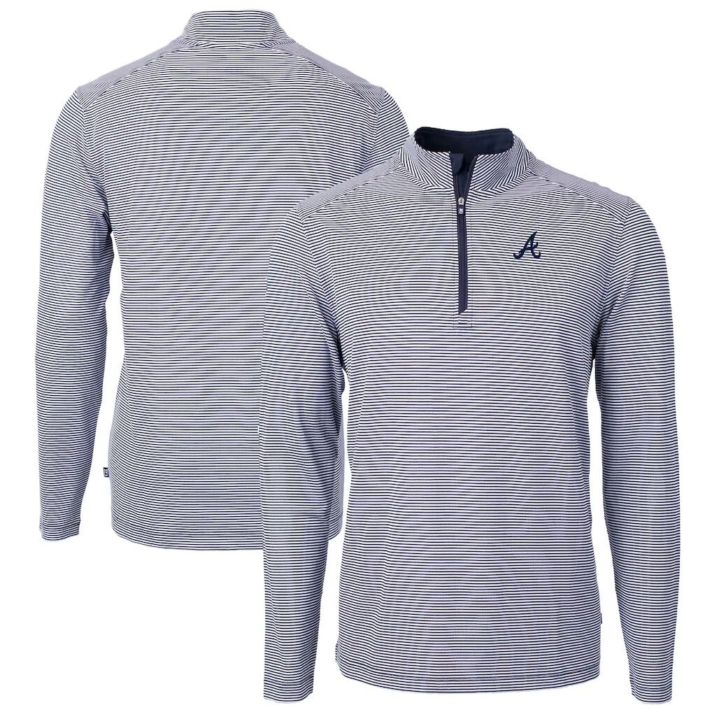 Atlanta Braves Cutter & Buck Virtue Eco Pique Micro Stripe Recycled Quarter-Zip Pullover Top – Navy/White