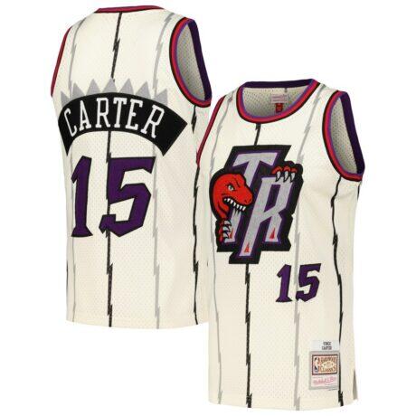 Vince Carter Toronto Raptors Mitchell & Ness Chainstitch Swingman Jersey - Cream - Front View