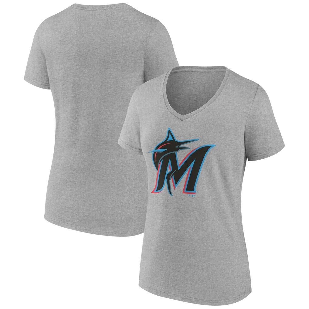 Miami Marlins Logo Athletic Women's Official Logo Athletic V-Neck T-Shirt