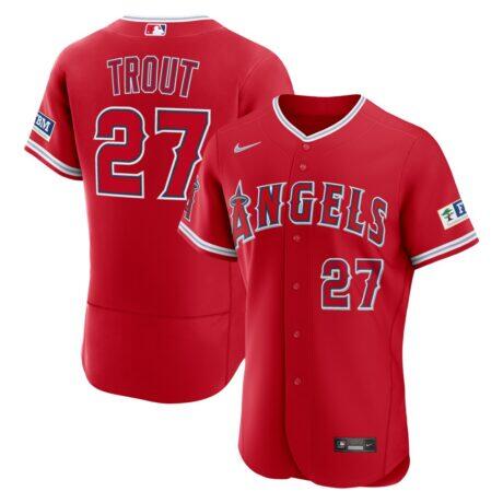 Mike Trout Los Angeles Angels Nike Alternate Authentic Sponsor Patch Jersey - Red - Front View