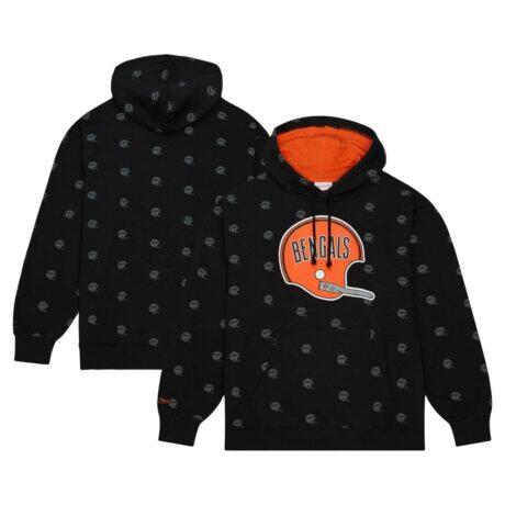 Cincinnati Bengals Mitchell & Ness Allover Print Fleece Pullover Hoodie - Black - Front View