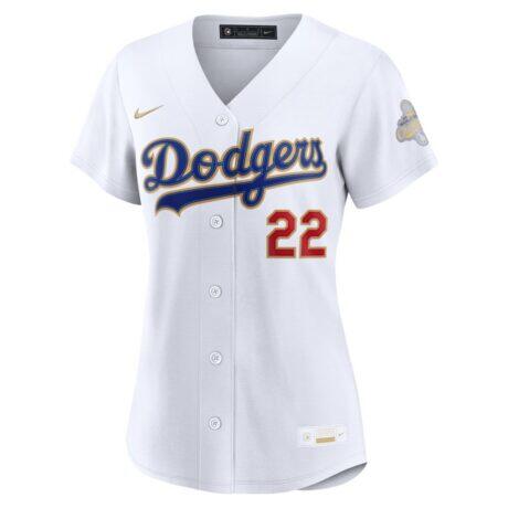 Clayton Kershaw Los Angeles Dodgers Nike Women's 2026 Gold Collection Stadium Jersey - White - Front View