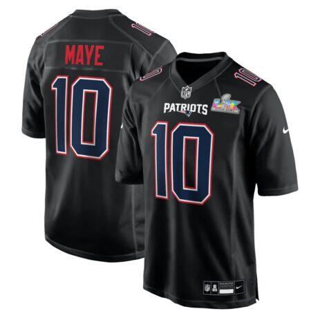Drake Maye New England Patriots Nike Super Bowl LX Patch Carbon Fashion Game Jersey - Black - Front View