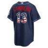 Fourth of July Tampa Bay Rays Junior Caminero Nike Navy USA 250 Stadium Jersey - - Detail View