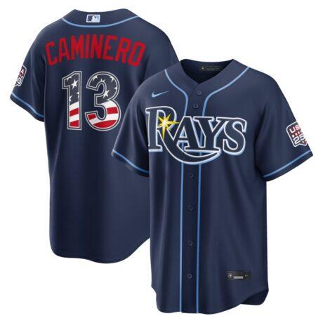 Fourth of July Tampa Bay Rays Junior Caminero Nike Navy USA 250 Stadium Jersey - - Front View