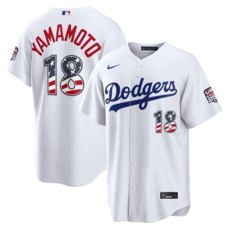 Fourth of July Los Angeles Dodgers Yoshinobu Yamamoto Nike White USA 250 Stadium Jersey - - Front View