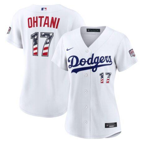 Fourth of July Women's Los Angeles Dodgers Shohei Ohtani Nike White USA 250 Stadium Jersey - - Front View