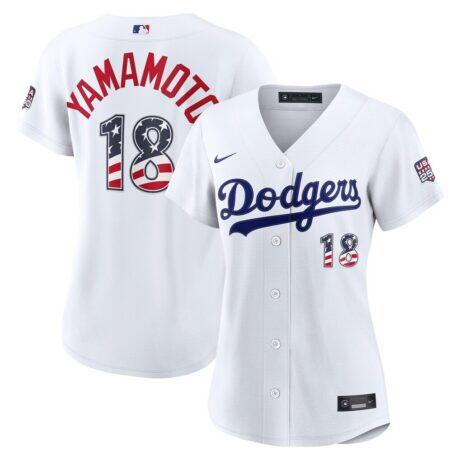 Fourth of July Women's Los Angeles Dodgers Yoshinobu Yamamoto Nike White USA 250 Stadium Jersey - - Front View