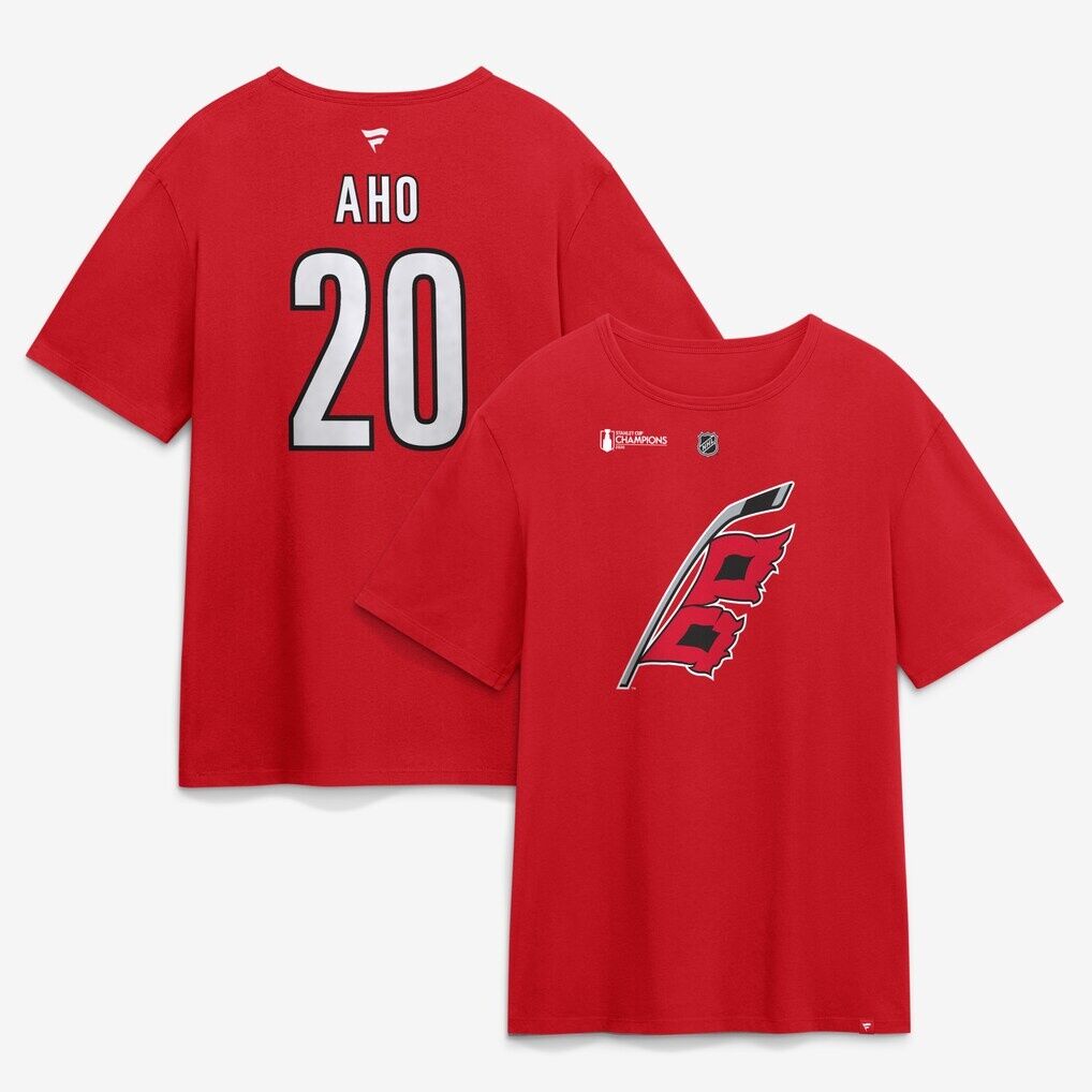 Sebastian Aho Carolina Hurricanes Fashion7 2026 Stanley Cup Champions Authentic Stack Name & Number T-Shirt