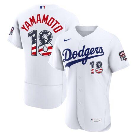 Fourth of July Los Angeles Dodgers Yoshinobu Yamamoto Nike White USA 250 Authentic Jersey - - Front View