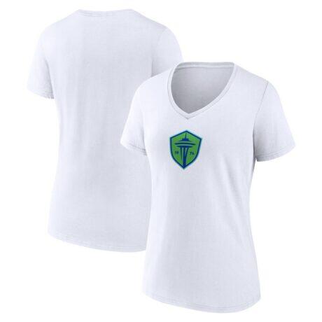 Seattle Sounders FC Fashion7 Women's Primary Logo V-Neck T-Shirt - White - Front View