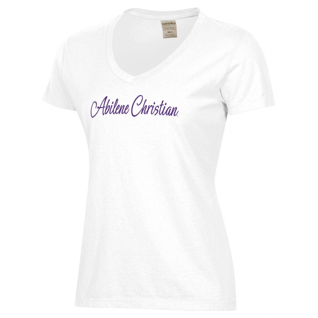 Abilene Christian University Wildcats Women's Script Logo Comfort Wash V-Neck T-Shirt