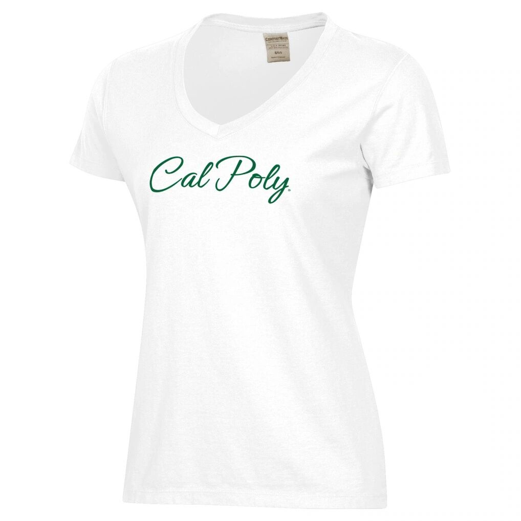 Cal Poly Mustangs Women's Script Logo Comfort Wash V-Neck T-Shirt