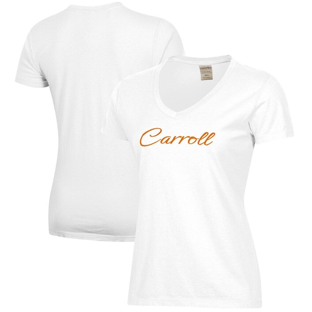Carroll College Fighting Saints Women's Script Logo Comfort Wash V-Neck T-Shirt
