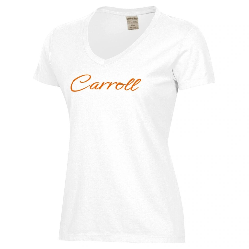 Carroll College Fighting Saints Women's Script Logo Comfort Wash V-Neck T-Shirt
