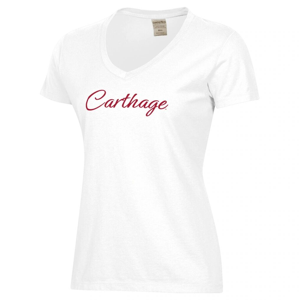 Carthage Firebirds Women's Script Logo Comfort Wash V-Neck T-Shirt