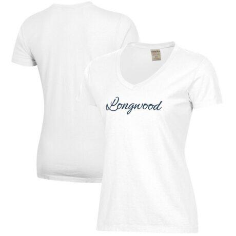Longwood Lancers Women's Script Logo Comfort Wash V-Neck T-Shirt - White - Front View