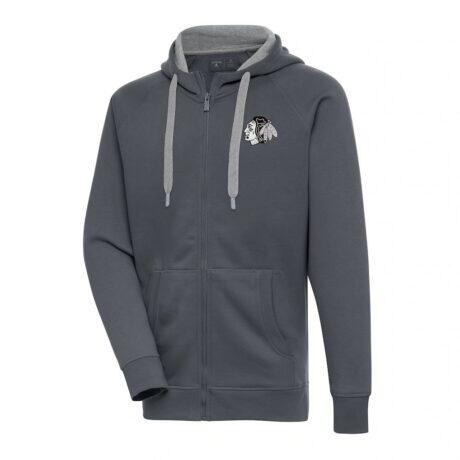 Chicago Blackhawks Antigua Metallic Logo Victory Full-Zip Hoodie - Charcoal - Front View