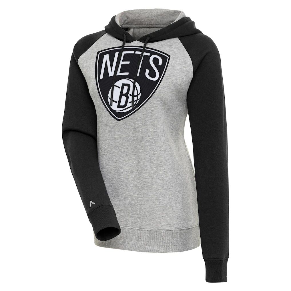 Brooklyn Nets Antigua Women's Victory Raglan Sleeve Pullover Hoodie - Heather Gray/Black