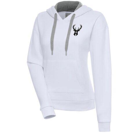 Milwaukee Bucks Antigua Women's Brushed Metallic Victory Pullover Hoodie - White - Front View