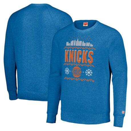 New York Knicks Homage Unisex Holiday Raglan Pullover Sweatshirt - Blue - Front View