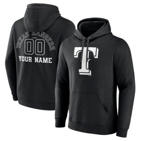 Texas Rangers Monochrome Personalized Name & Number Pullover Hoodie - Black - Front View