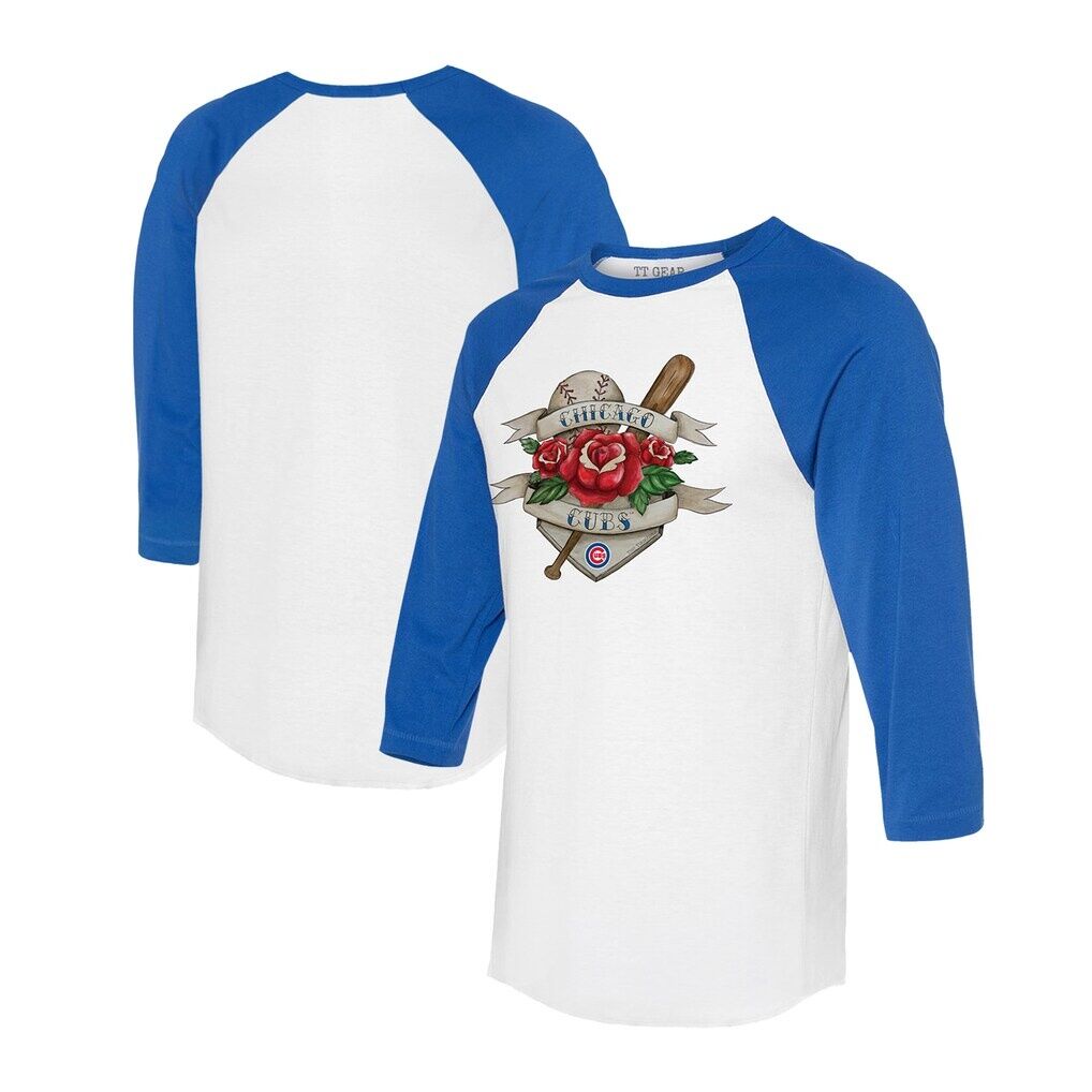 Chicago Cubs Tiny Turnip Unisex Tattoo Rose 3/4-Sleeve Raglan T-Shirt - White/Royal