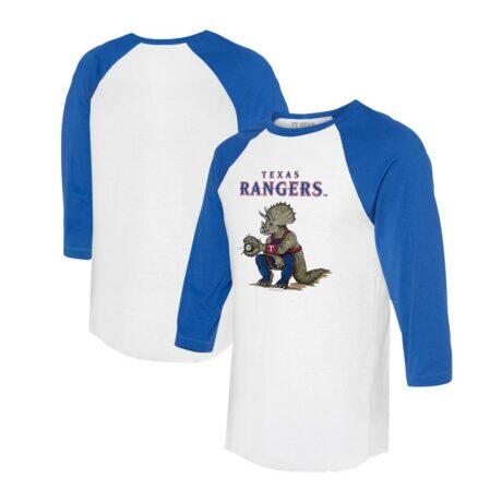 Texas Rangers Tiny Turnip Unisex Triceratops 3/4-Sleeve Raglan T-Shirt - - Front View