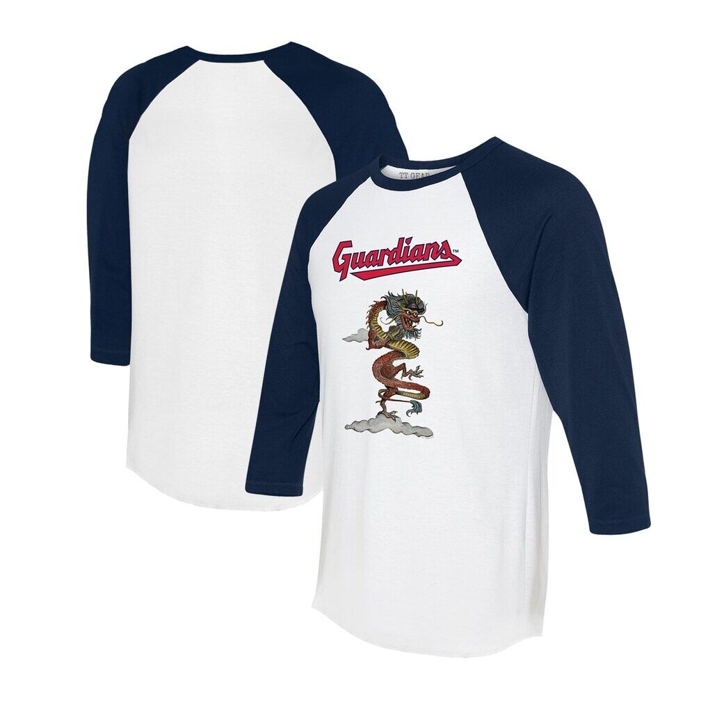 Cleveland Guardians Tiny Turnip Unisex 2024 Year of the Dragon 3/4-Sleeve Raglan T-Shirt - White/Navy