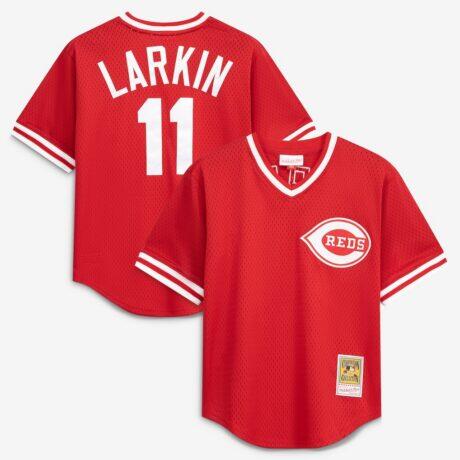 Barry Larkin Cincinnati Reds Mitchell & Ness Youth Cooperstown Collection Mesh Batting Practice Jersey - Red - Front View