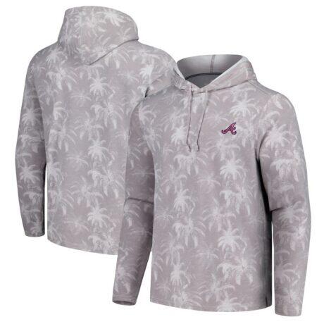 Atlanta Braves Tommy Bahama Palm Frenzy Hoodie Long Sleeve T-Shirt - Gray - Front View
