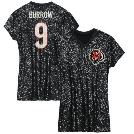 Joe Burrow Cincinnati Bengals Girls Youth Sequin Player Name & Number V-Neck Dress - Black - Front View