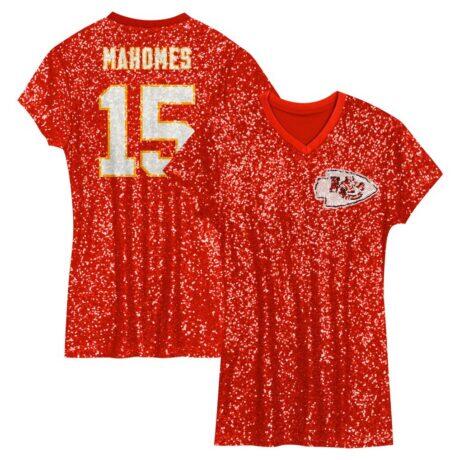 Patrick Mahomes Kansas City Chiefs Girls Youth Sequin Player Name & Number V-Neck Dress - Red - Front View