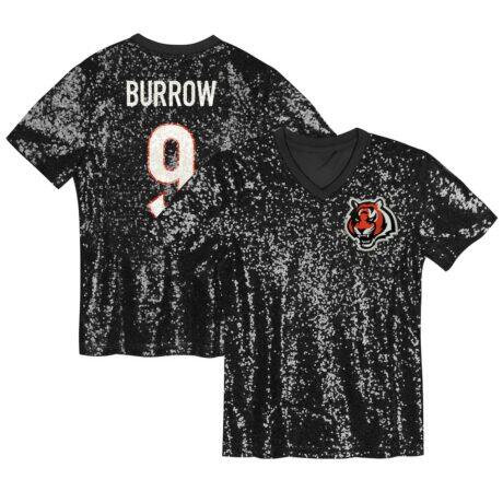 Joe Burrow Cincinnati Bengals Girls Youth Sequin V-Neck Fashion Jersey - Black - Front View