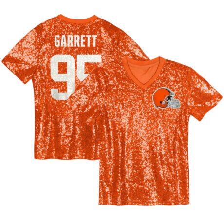 Myles Garrett Cleveland Browns Girls Youth Sequin V-Neck Fashion Jersey - Orange - Front View