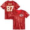 Travis Kelce Kansas City Chiefs Girls Youth Sequin V-Neck Fashion Jersey - Red - Front View