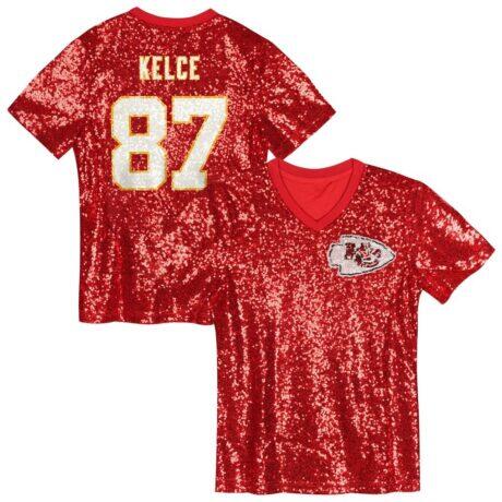 Travis Kelce Kansas City Chiefs Girls Youth Sequin V-Neck Fashion Jersey - Red - Front View