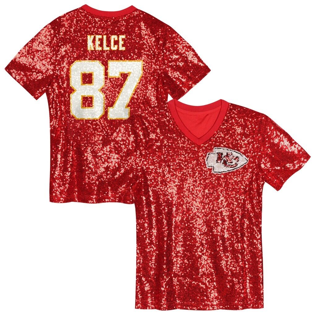 Travis Kelce Kansas City Chiefs Girls Youth Sequin V-Neck Fashion Jersey