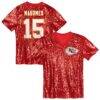 Patrick Mahomes Kansas City Chiefs Girls Youth Sequin V-Neck Fashion Jersey - Red - Front View
