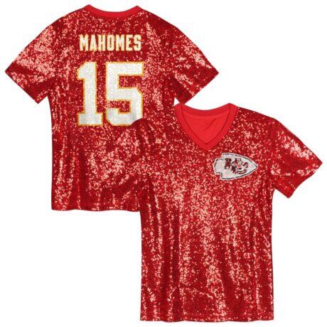 Patrick Mahomes Kansas City Chiefs Girls Youth Sequin V-Neck Fashion Jersey - Red - Front View
